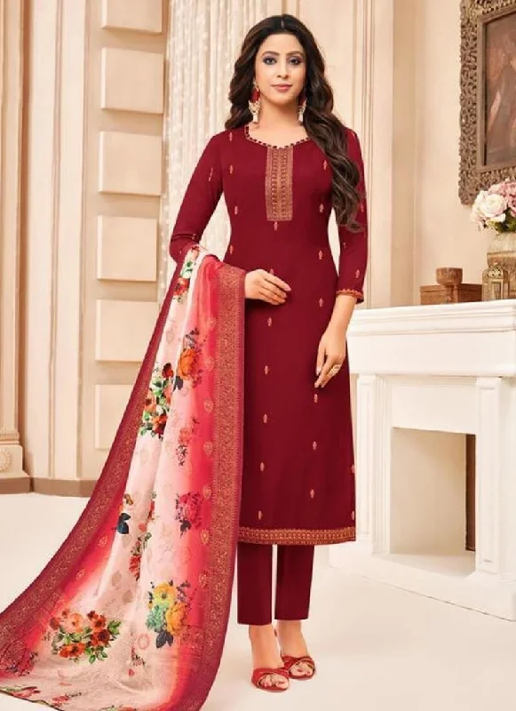 Maroon Maslin Silk Pant Suit Classic Bootcut Trousers