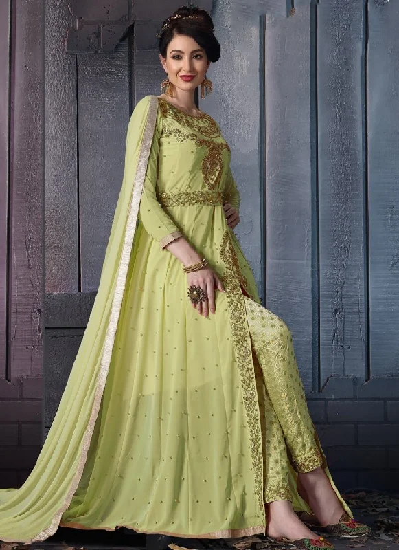 Parrot Green Pant style Salwar Suit Faux Georgette With Coding Comfortable Maternity Pants