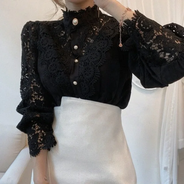 Petal Sleeve Stand Collar Hollow Out Flower Lace Patchwork Shirt Femme Blusas All-match Women Lace Blouse Button White Top Embroidered Floral Blouse