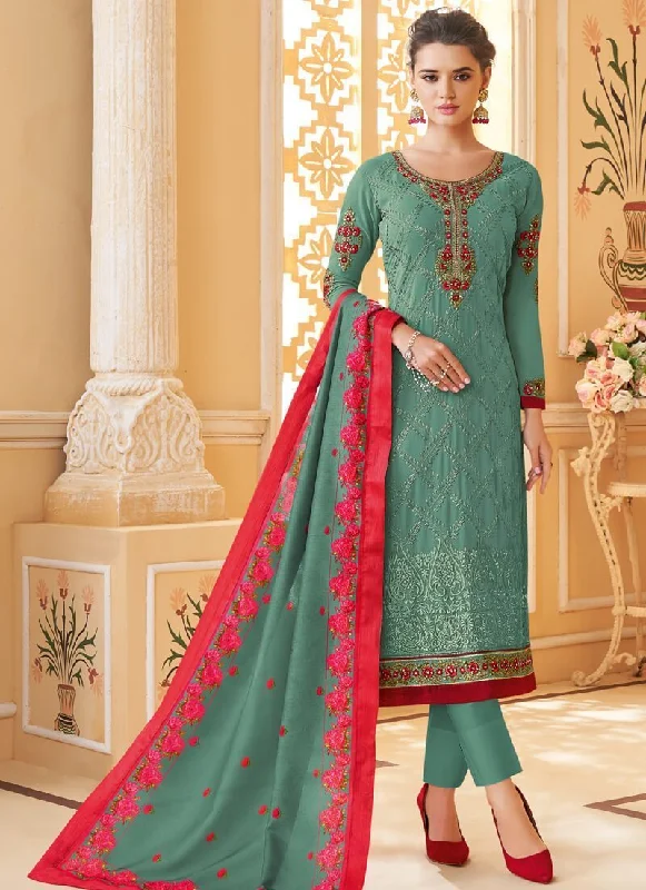 Faux Georgette Teal Salwar Kameez Suit Pant Bottom Casual Wide Pants