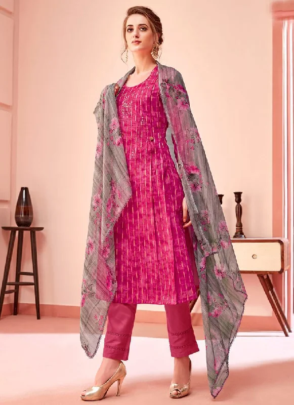 Rani Pink Pure Cotton Pant Suit Slim Fit Casual Pants