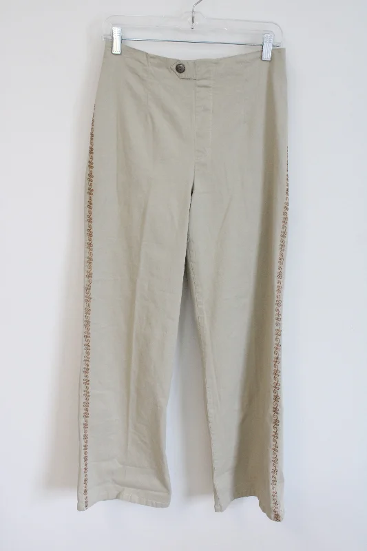 Indigo Moon Embroidered Khaki Wide Leg Pant | S Relaxed Fit Trousers
