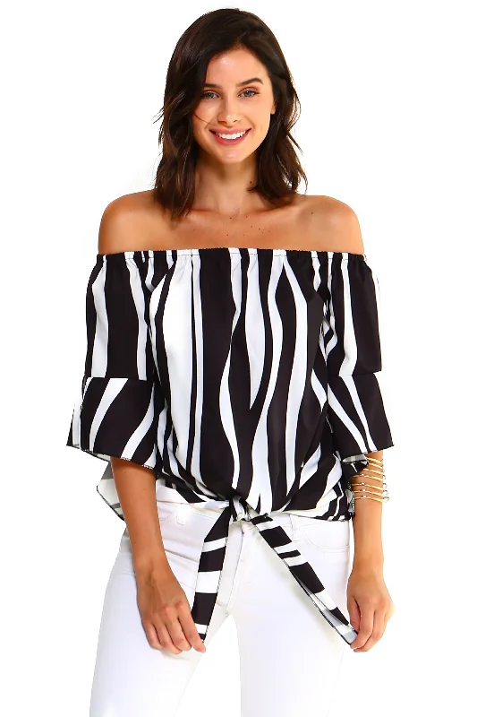 Women's Strapless Striped Bandage Blouse Lightweight Chiffon Blouse