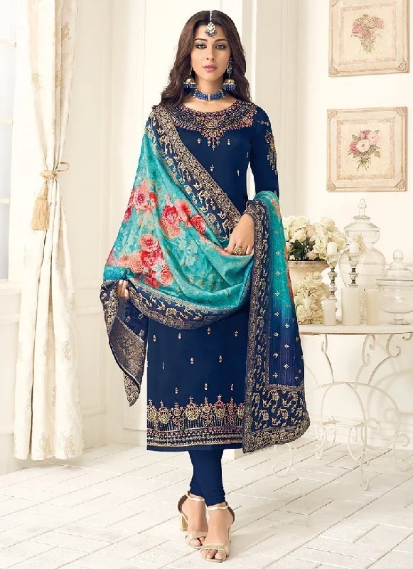 Navy Blue Satin Georgette With Embroidery Pant Suit Casual Yoga Pants