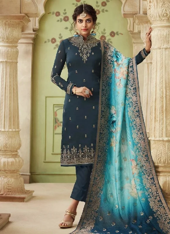 Steel Grey Pant style Suit Satin Georgette Trendy Printed Leggings