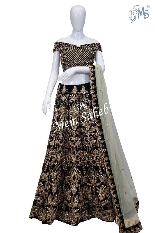 Bridal Ghagra Choli Green Velvet Blouse and Embroidery Lehenga and Net Dupatta Elegant Office Blouse