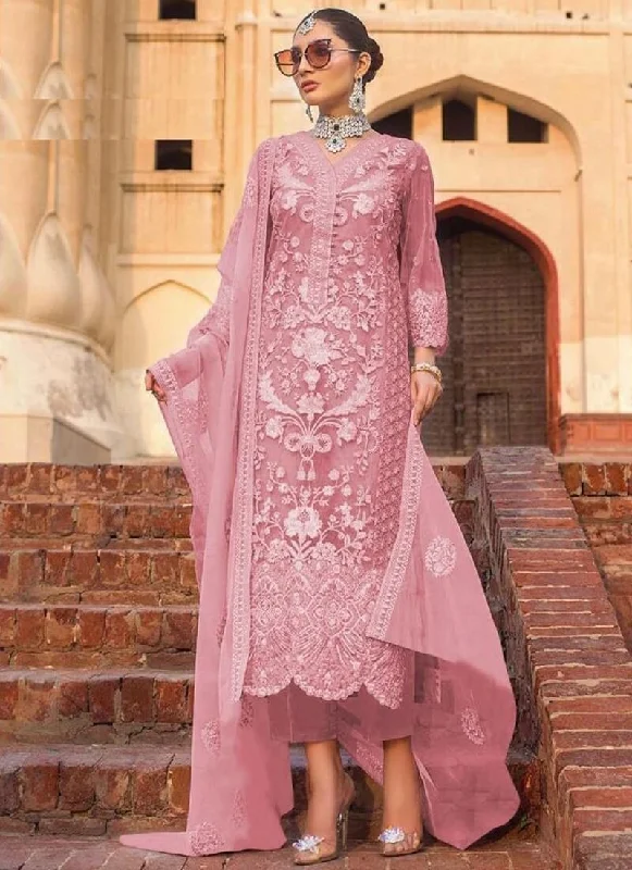Dusty Pink Net With Heavy Embroidery Work Salwar Kameez Pant Comfortable Denim Pants