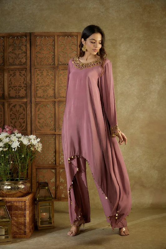 Rose Pink Embroidered Asymmetrical Kurta And Pants Set Classic Pleated Pants