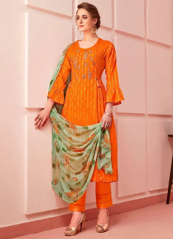 Orange Pure Cotton Pant Suit Chic Checkered Pants