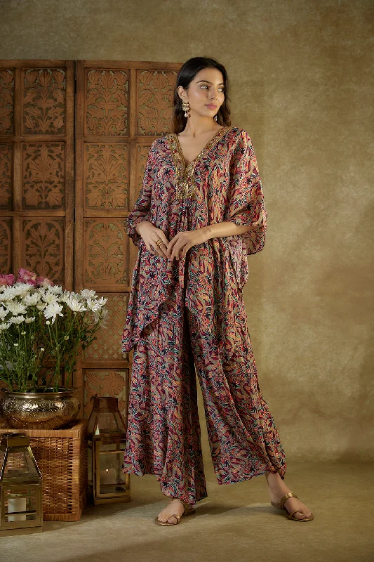 Ivory Printed Kaftan Top And Pleated Dhoti Pants Set Stylish Elastic Waist Pants