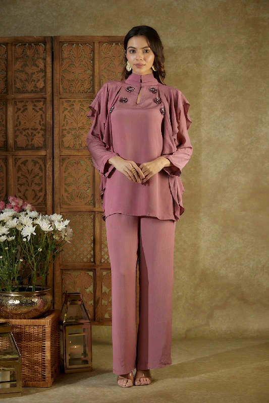 Rose Pink Ruffle Top And Pants Co Ord Set With Embroidery Relaxed High-Waist Trousers