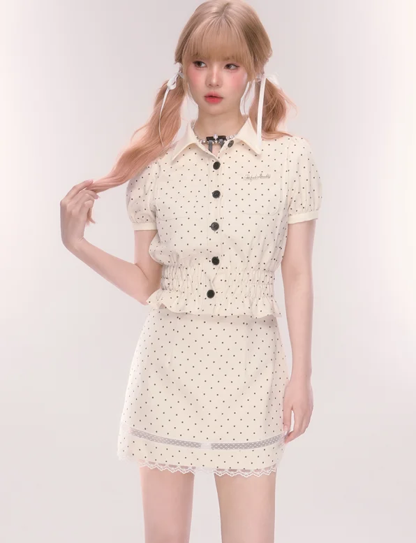 Ruffled Polka Dot Puff Sleeve Blouse & Lace Hem Skirt QDQ0047 Soft Satin Blouse