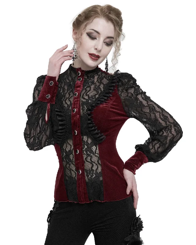 Eva Lady Womens Gothic Courtesan Lace & Velvet Ruffle Blouse - Red & Black Lightweight Linen Blouse