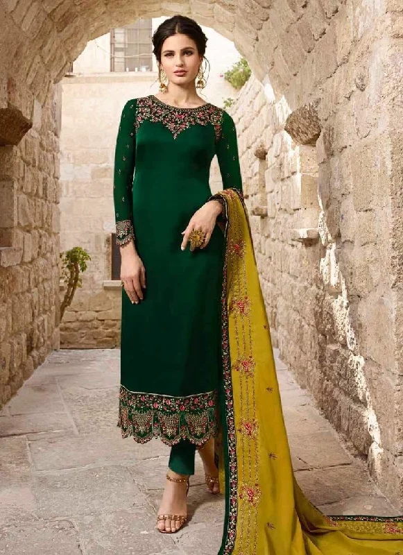 Dark Green Satin Georgette Pant Dress Fashionable Tapered Leg Pants