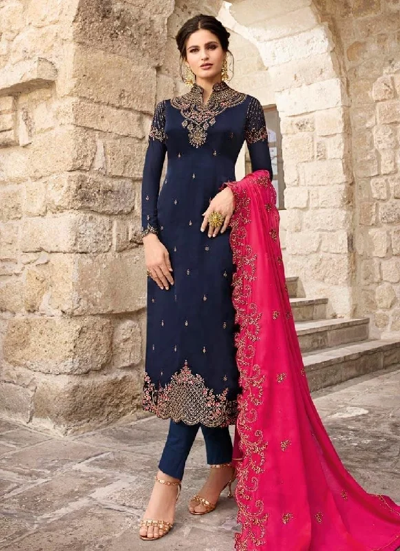Navy Blue Satin Georgette Pant Dress Trendy Work Pants