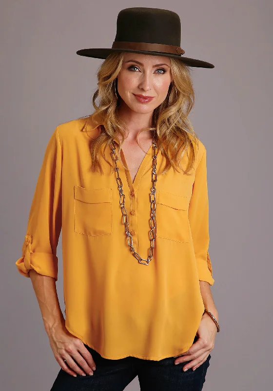 Stetson Gold Crepe Fixed Sleeve V-Neck Blouse Ruffled Neck Blouse