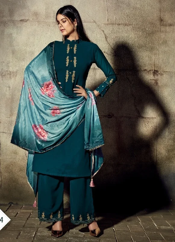 Teal Pant style Straight Georgette Classic Stretch Pants