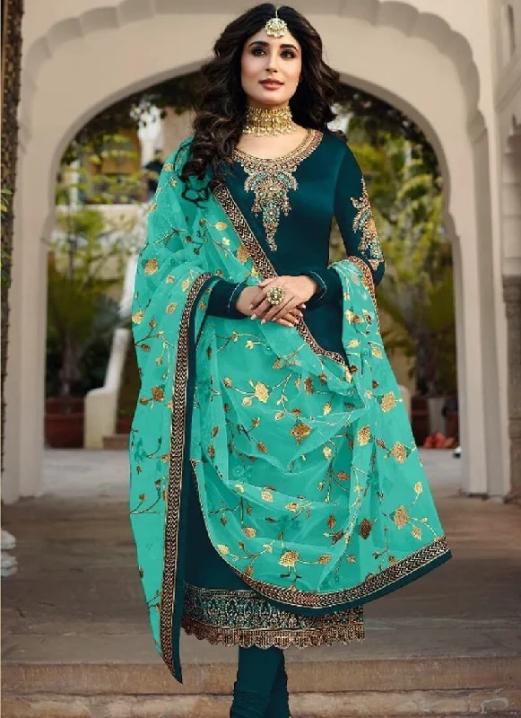Teal Blue Satin Georgette Pant Straight Fashionable Jogger Pants