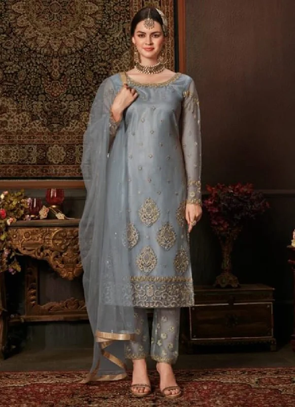 Greyish Blue Net Pant Straight Classic Flared Pants