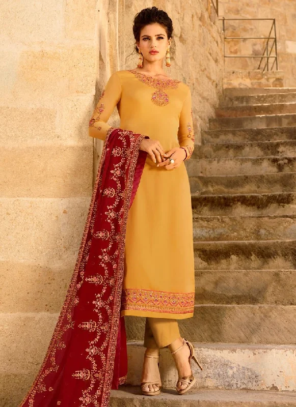 Occur Yellow Satin Georgette Straight Pant Chic Faux Leather Pants