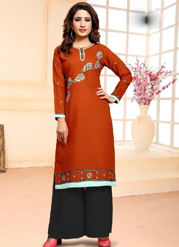 Dark Orange Pant style Kurti Soft Cotton Modern Bootcut Pants