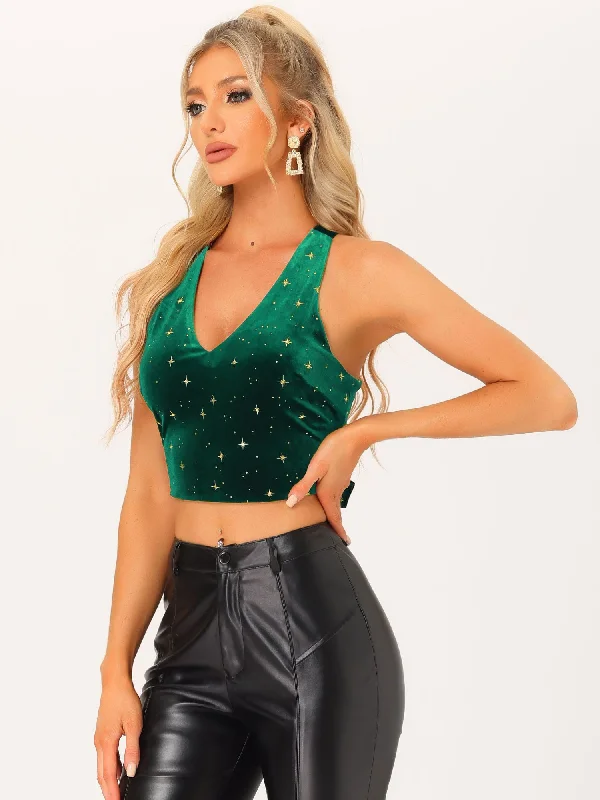 Velvet Cropped Top Sleeveless Crisscross Back Sexy Party Blouse Soft Knit Blouse