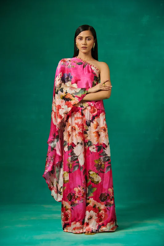 Pink Floral Print High Low Cape With Pants Classic Bootcut Trousers