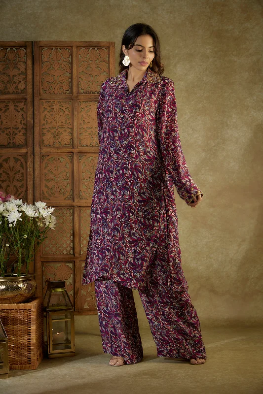 Purple Printed Embroidered Long Kurta And Pants Set Comfortable Jogging Pants