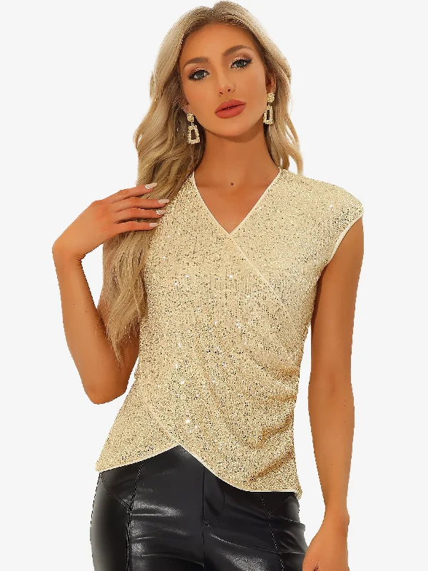 Sparkle Glitter V Neck Cap Sleeve Sequin Party Club Blouse Tops Drape Neck Blouse