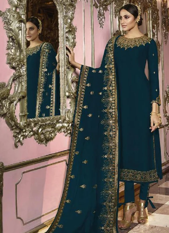 Teal Blue Faux Georgette Straight Pant Warm Wool Trousers