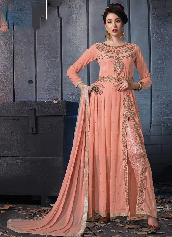 Peach Pant style Salwar Suit Faux Georgette With Coding Lightweight Jogger Pants