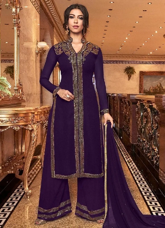Dark Purple Pant style Salwar Kameez Georgette Elegant Wool Trousers