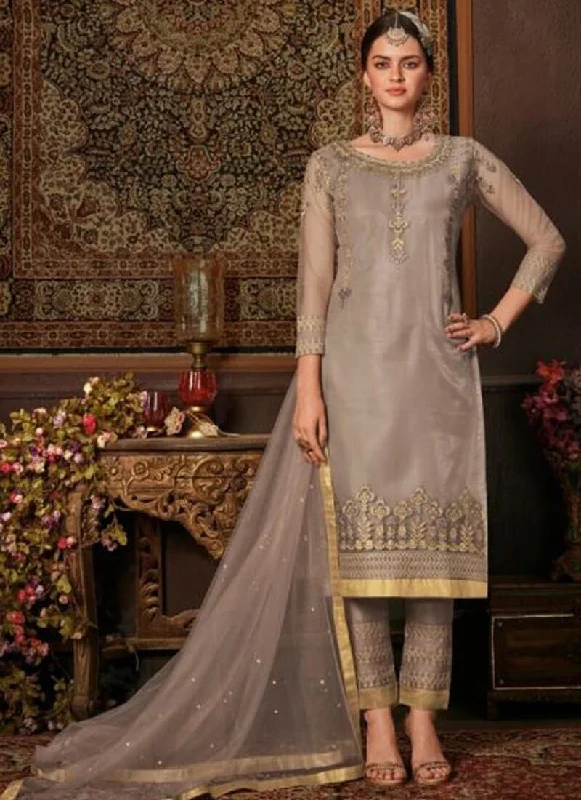 Greyish Beige Net Pant Straight Trendy High-Waist Trousers