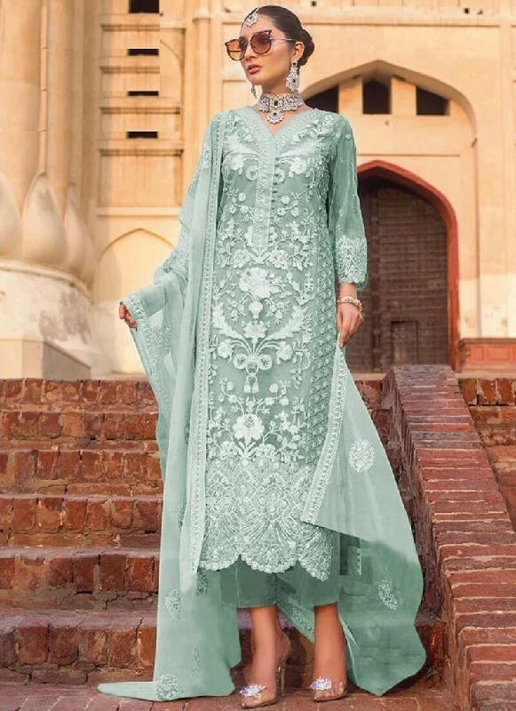 Sea Green Net With Heavy Embroidery Work Salwar Kameez Pant Cozy Full-Length Pants