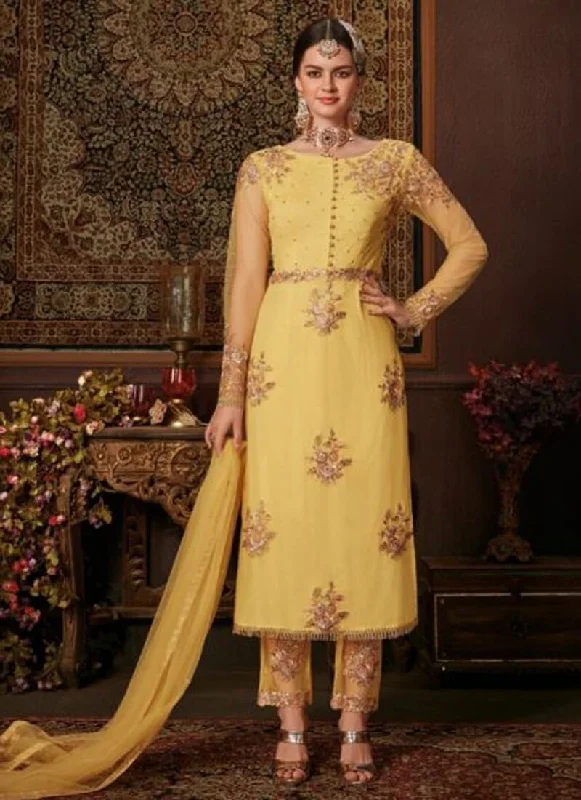 Yellow Net Pant Straight Chic Faux Leather Pants