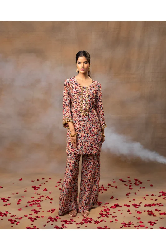 Ivory Printed Kurta Pants Set Trendy High-Waist Trousers