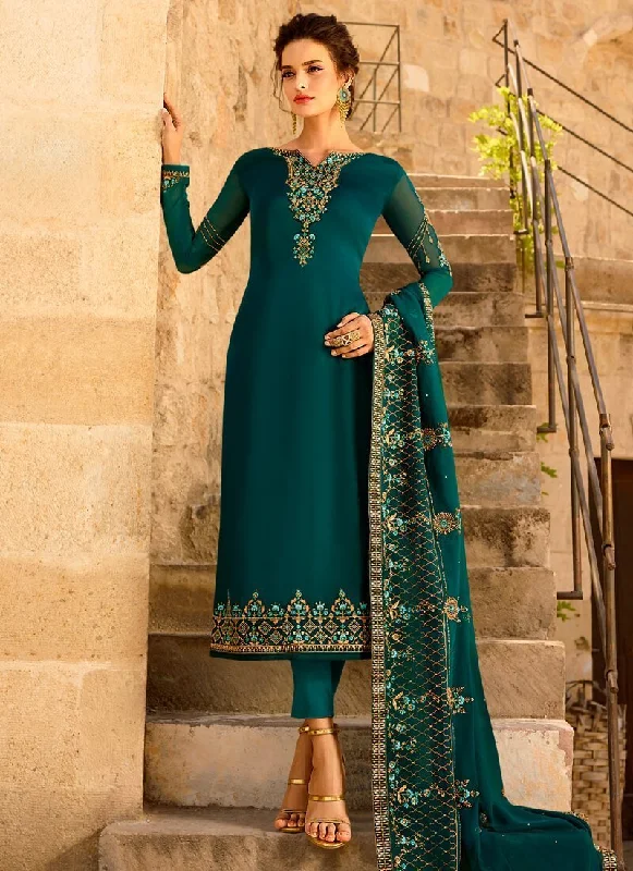 Teal Blue Satin Georgette Straight Pant Stylish Harem Pants