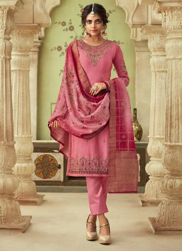 Pink Pant style Suit Satin Georgette Formal Wide-Leg Pants