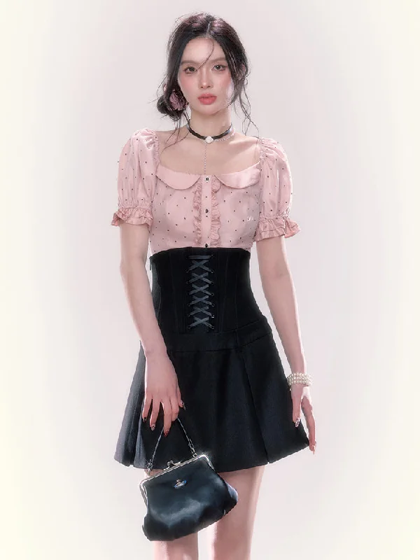 Square Neck Ruffle Sleeve Lace Dot Blouse & High Waist Cross Strap A-Line Skirt UND0052 Oversized Silk Blouse