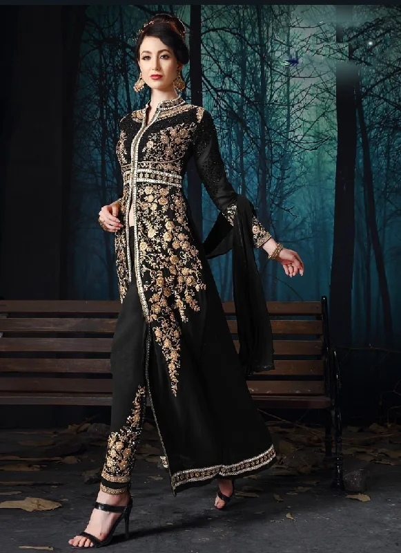 Black Pant style Straight Faux Georgette Trendy Velvet Pants
