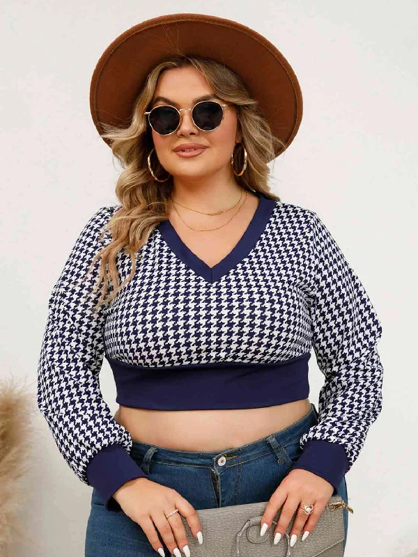 Plus Size Houndstooth V-Neck Long Sleeve Blouse Romantic Lace Blouse