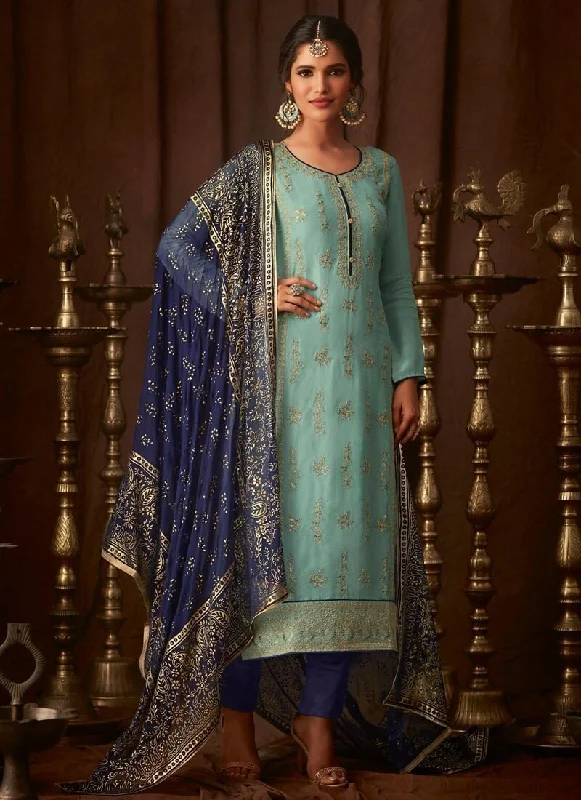 Turquoise Pant style Salwar Suit Pure Viscose Upada Comfy Zip-Up Pants