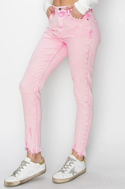 Risen: Acid Pink High Rise-Crop Skinny-Fray Hem Pants Fashionable Sporty Pants