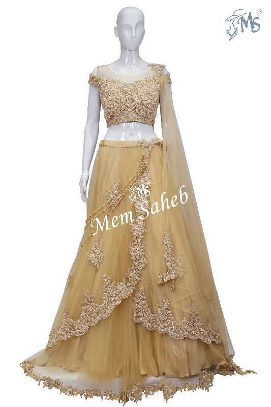 Bridal Ghagra Choli Fawn Sheer Blouse multi layer Skirt and Net Dupatta Elegant Lace Blouse