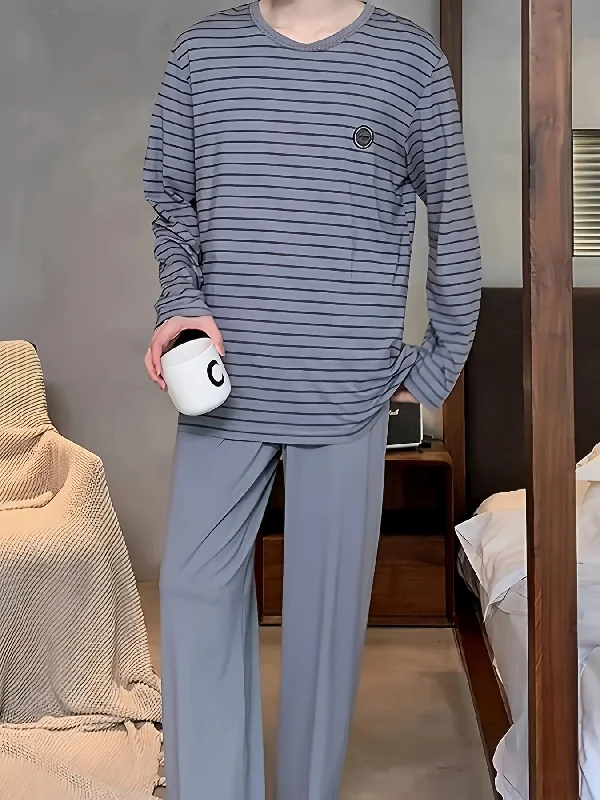 Men's Striped Pajama Set - Comfy Long Sleeve & Pants, Round Neck, Spring/Fall Loungewear Classic Pleated Pants