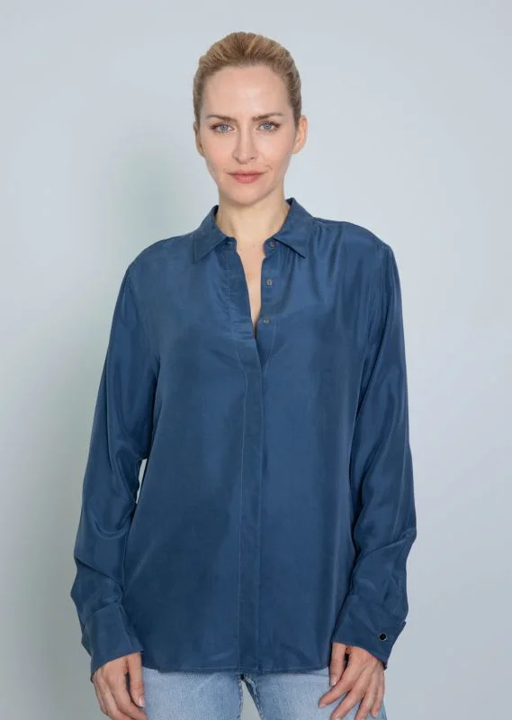 ODELLE CUFF SILK NAVY BLOUSE Satin Drape Blouse