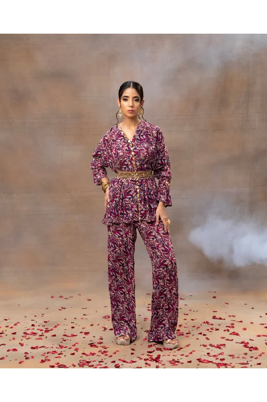 Purple Printed Embroidered Top, Pants And Belt Co Ord Set High-Waist Jogger Pants