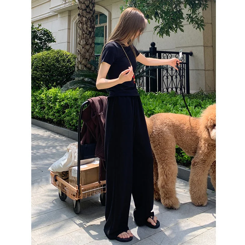 Nantao High-Grade Sports Suit Women's  New Younger Short Sleeve Casual Wear Wide-Leg Pants Lazy Two-Piece Suit Warm Wool Trousers