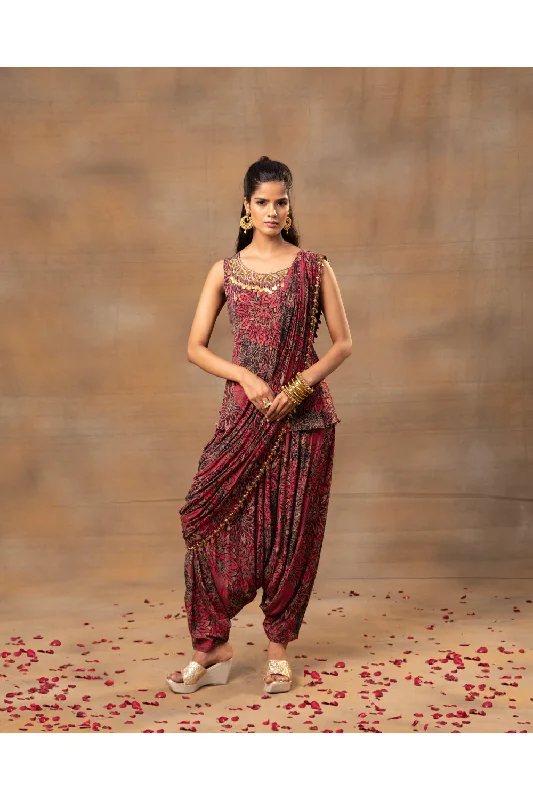 Pink Printed Embroidered Short Top, Dhoti Pants  And Drape Set Comfy Cargo Trousers