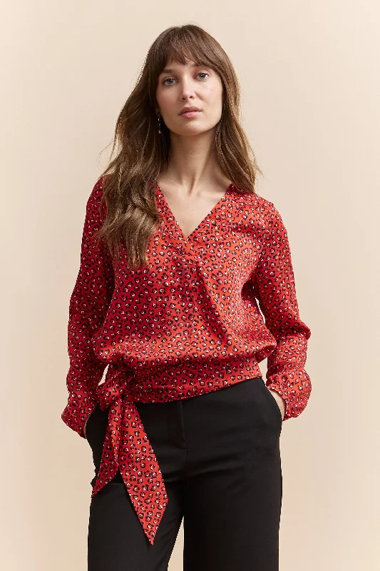 Printed blouse with tied hem Ruffled Neck Blouse